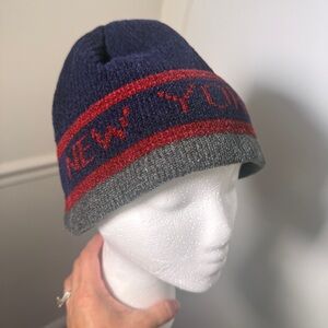 New York Knit Beanie Hat - Navy, Red & Gray Chenille O/S